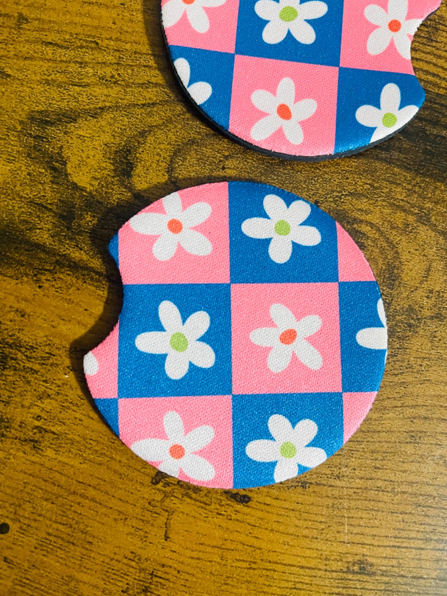 Pink and Blue Daisy Check Car Coasters