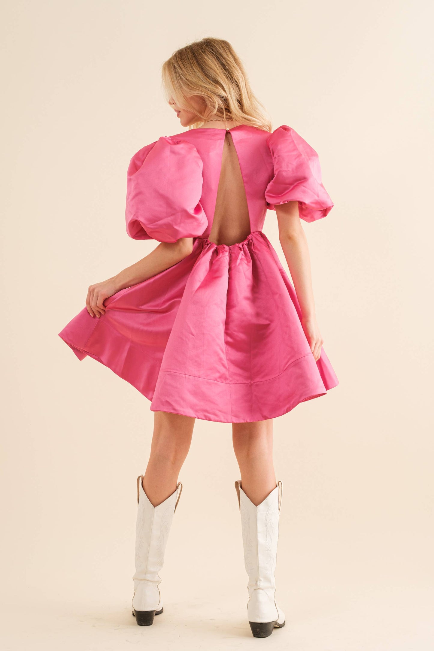 22541D - Solid Woven Balloon Puff Mini Dress: LAVENDER / S