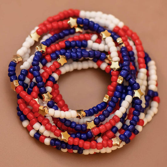 Patriotic Americana Red White Blue Seed Bead Bracelet Set – 8070: S0OX3T8070