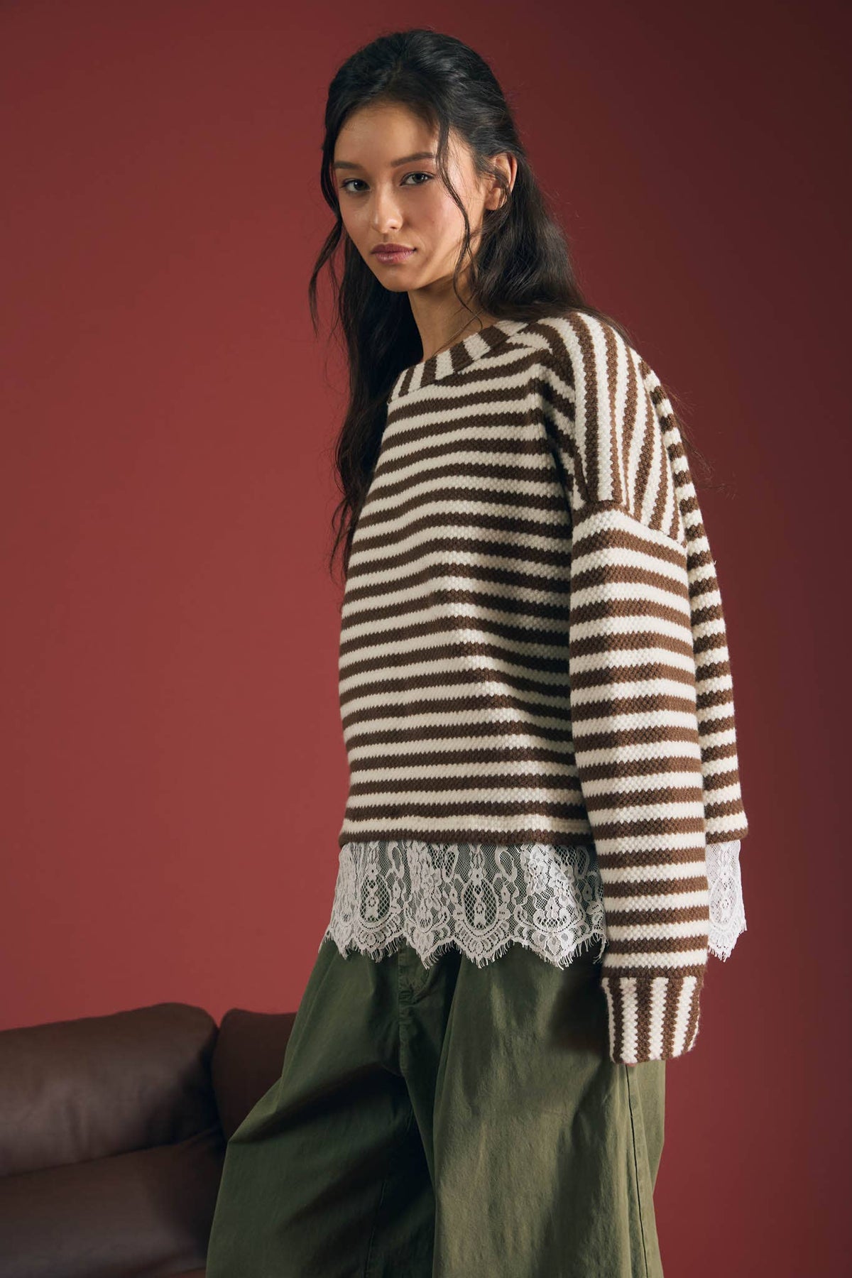 Lace Hem Striped Top