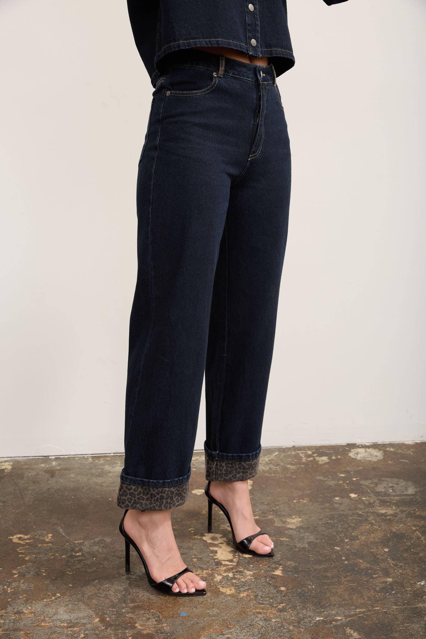 Leopard Cuff Wide Leg Denim Jeans