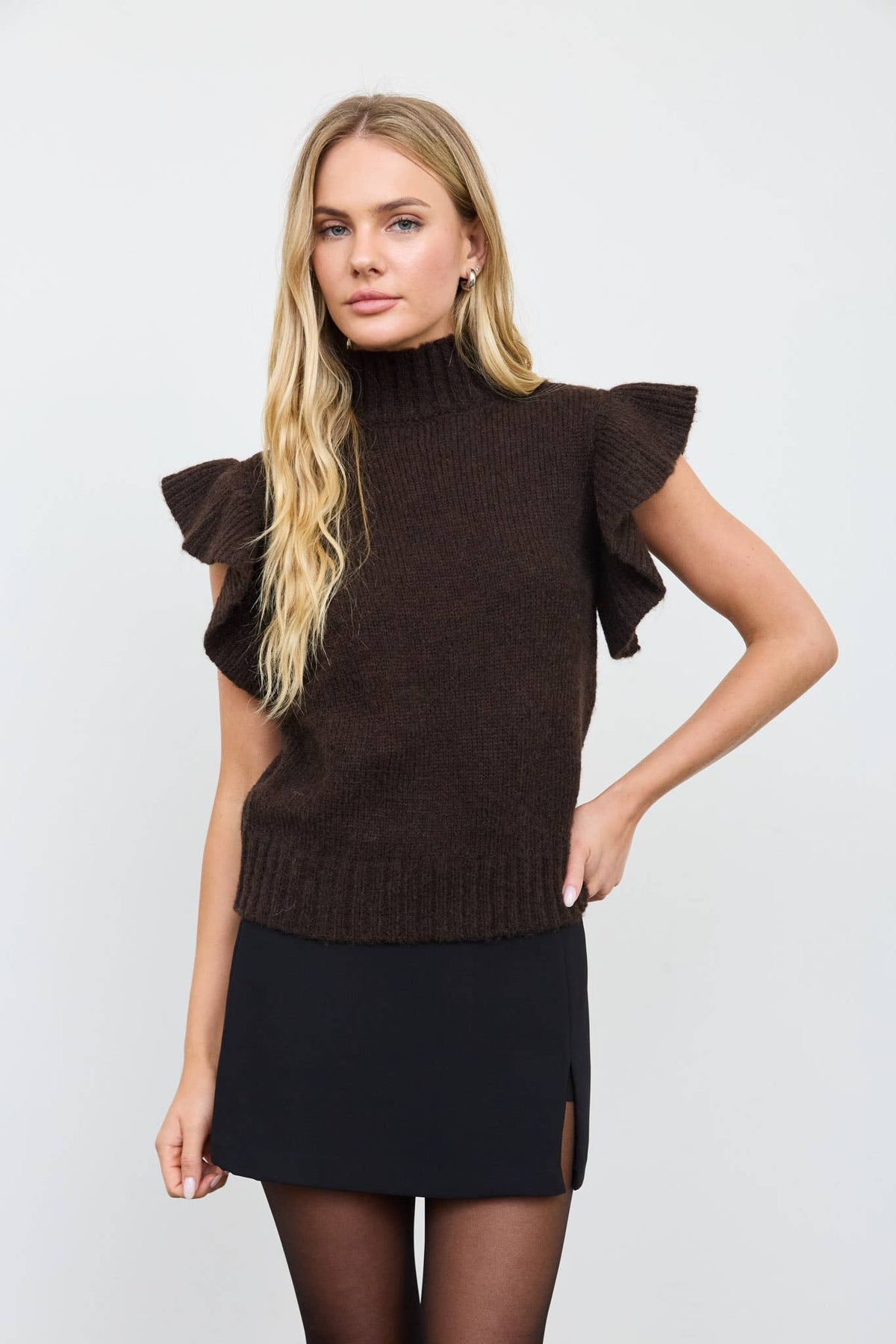 Ruffle Sleeve Sweater - Brown