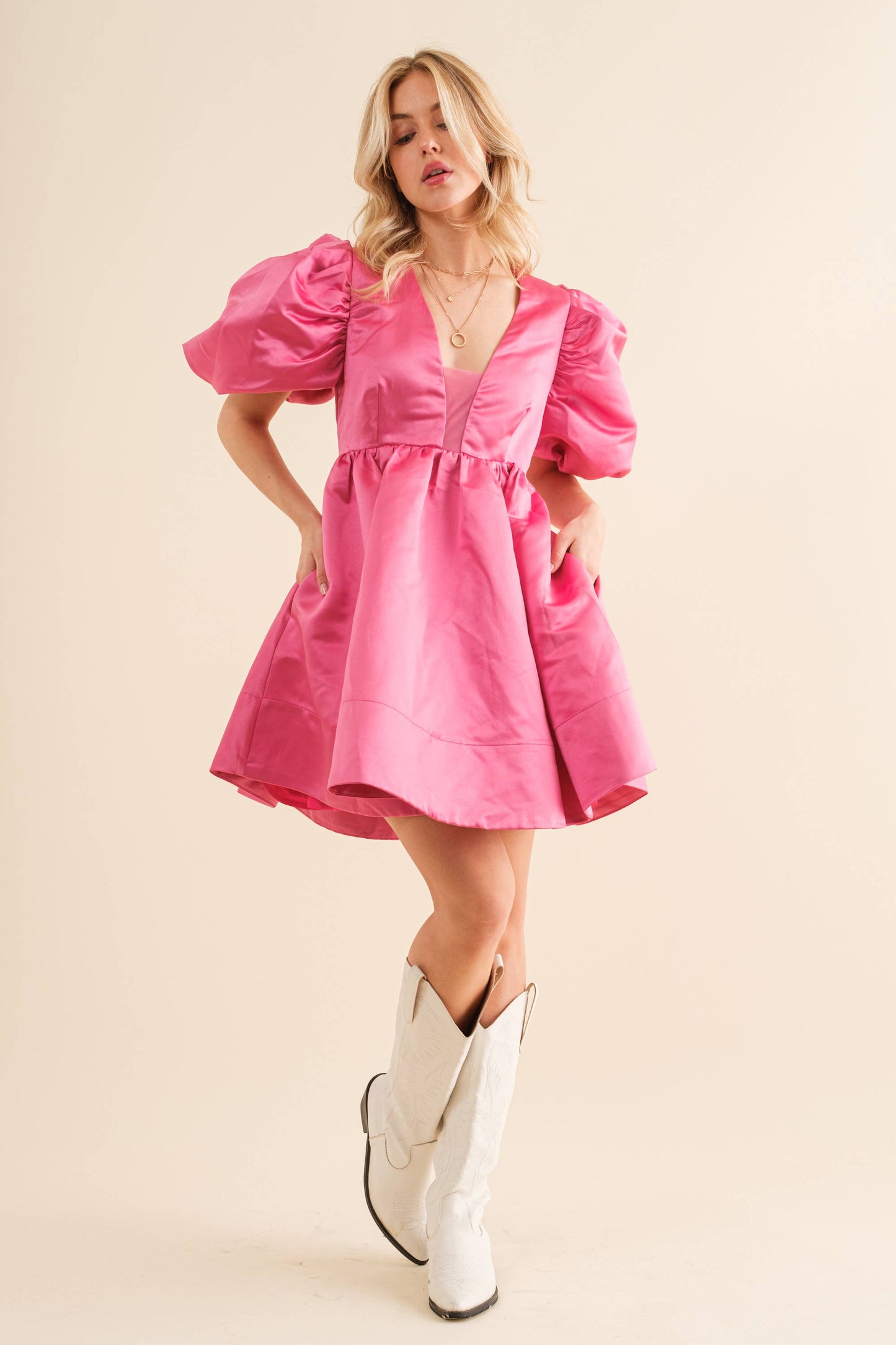 22541D - Solid Woven Balloon Puff Mini Dress: LAVENDER / S