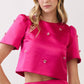 CT10024-Floral Appliqué Accent Satin Crop Top: MAGENTA / S