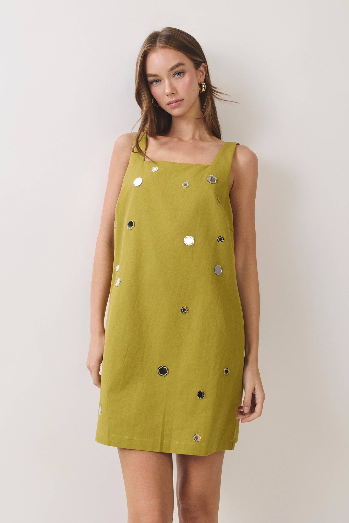 CD07446-Mirror Embellished A-Line Mini Dress: OLIVE / S