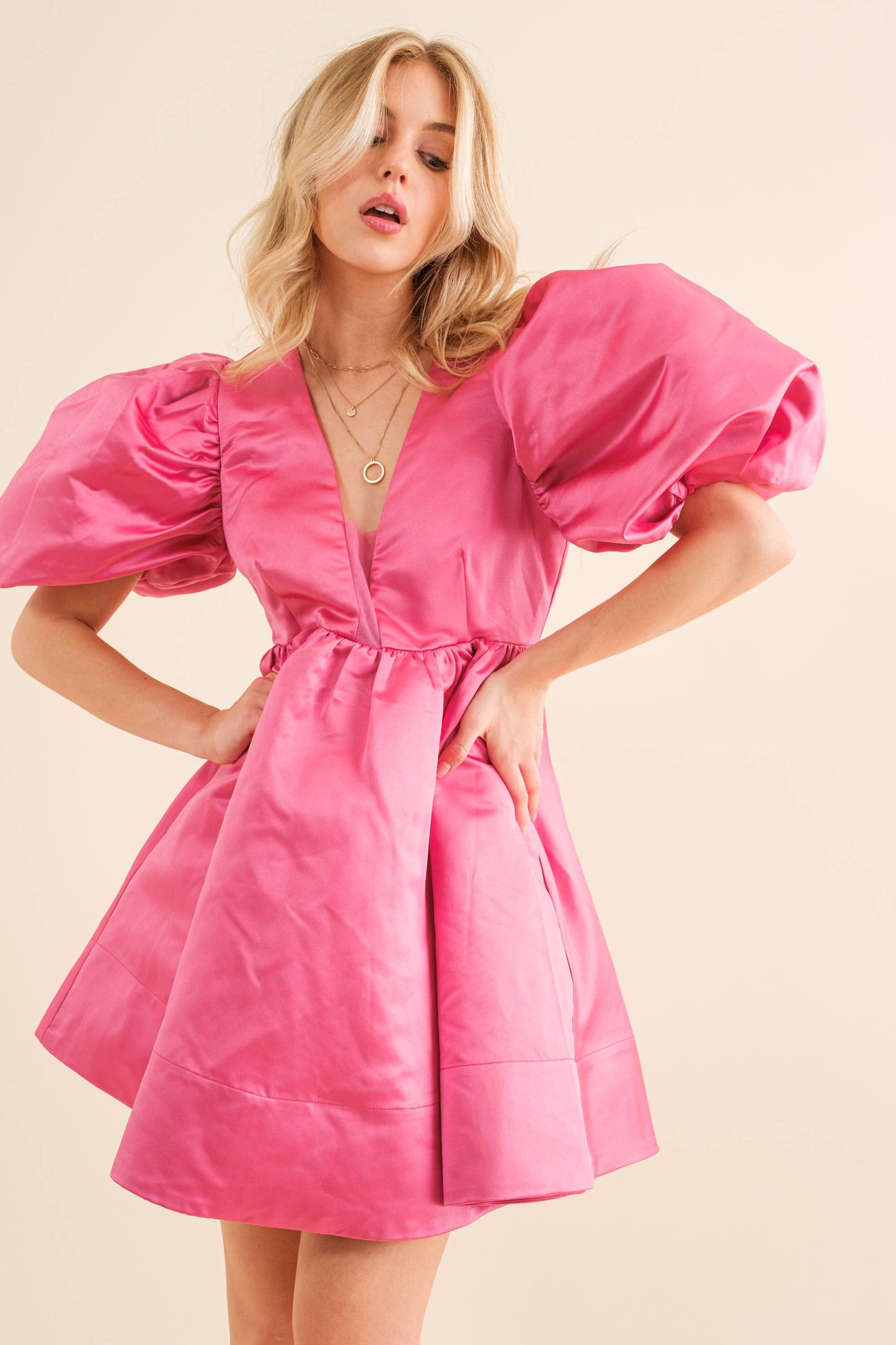 22541D - Solid Woven Balloon Puff Mini Dress: LAVENDER / S