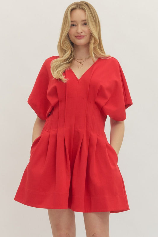 Red Pleated Waist Dress