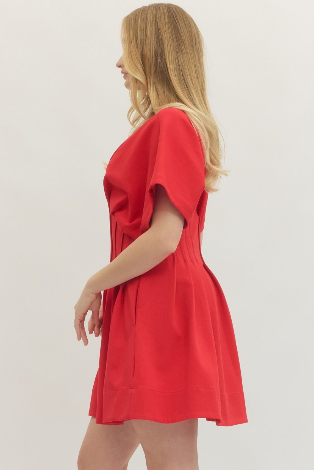 Red Pleated Waist Dress