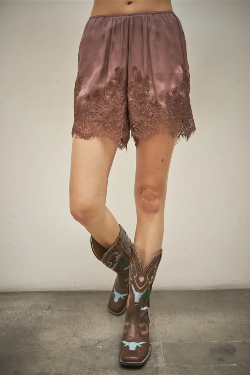 Satin Lace Shorts - Brown