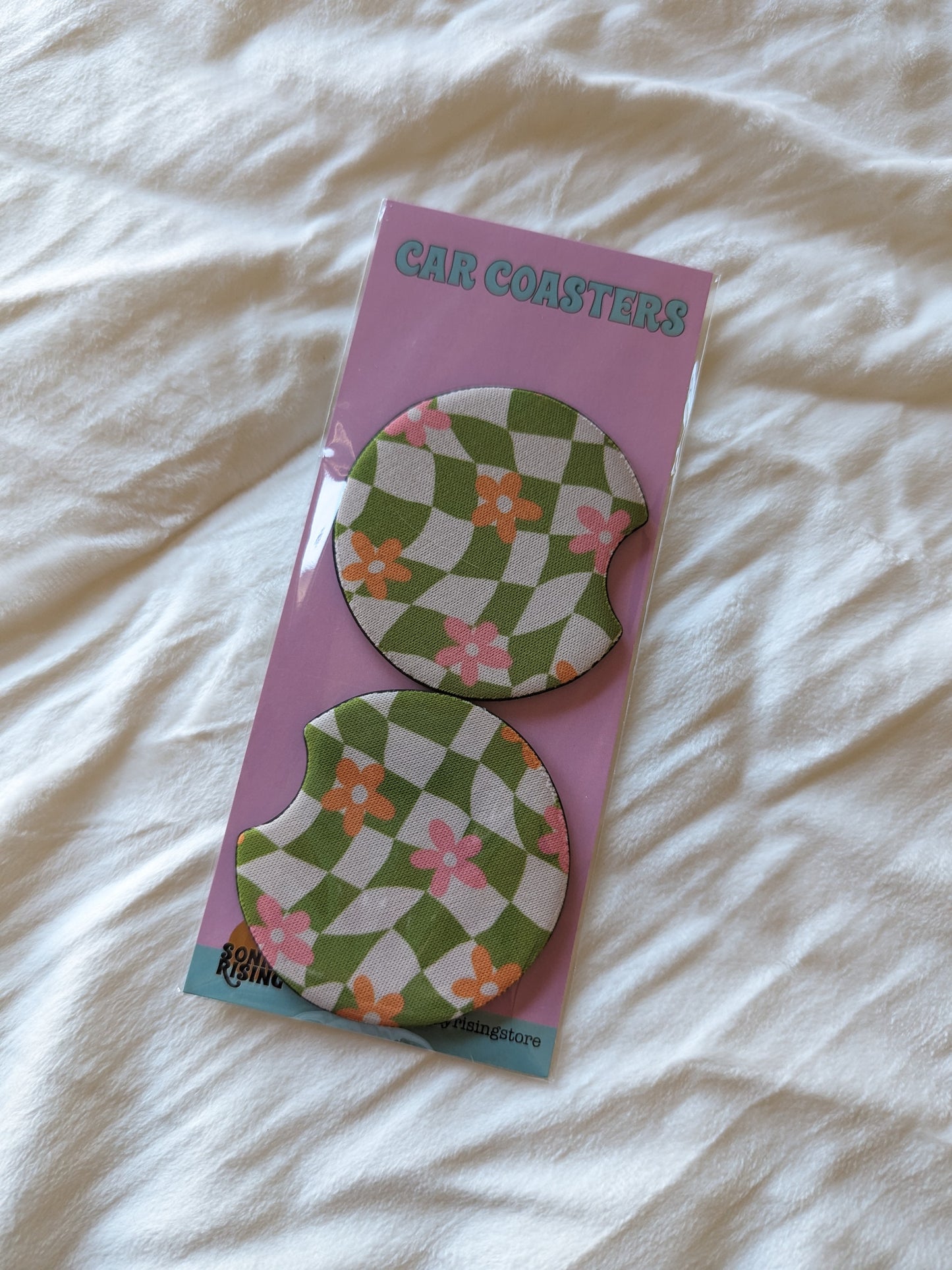 Green Check and Pink Daisy Car Coasters