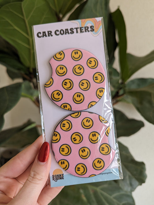 Pink Smiley Car Coasters
