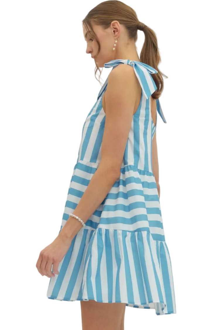 Blue Striped Bow Sleeve Dress